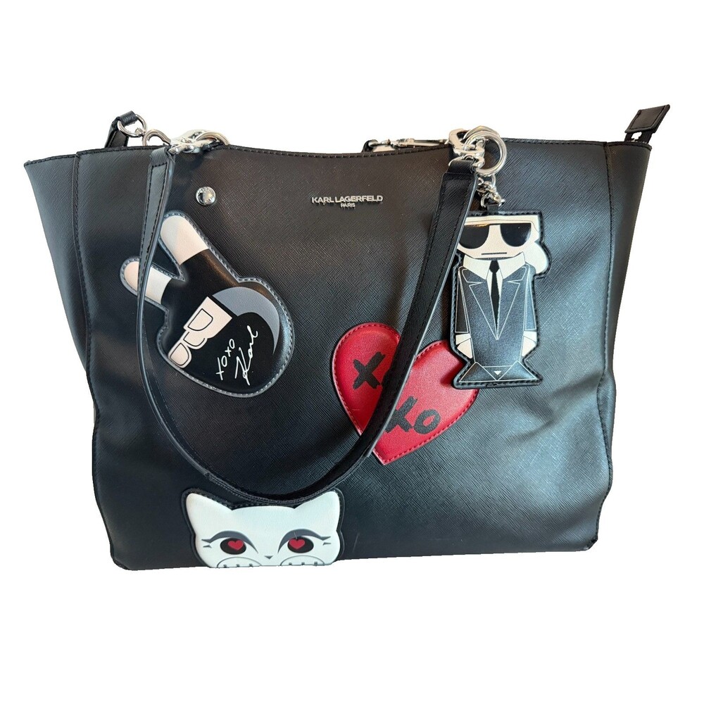 Karl Lagerfeld Paris Tote Black Saffiano Karl Choupette Patches Bag Charm Zip